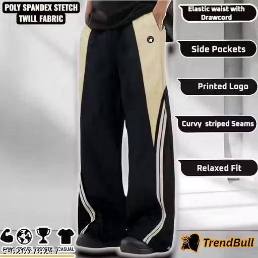 Men’s Poly Spandex Relaxed Fit Track Pants | Stretchable Dual-Tone Lowers with Curvy Stripe Seams, Elastic Waist & Side Pockets