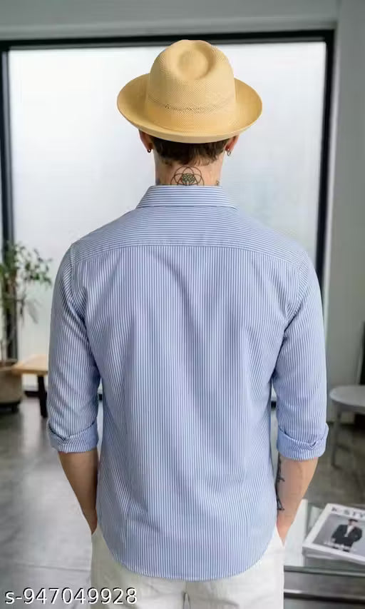 Men's Premium Blue Vertical Striped polycotton Casual Shirt