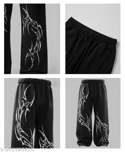 Printed Men Wide Leg Black Track Pants